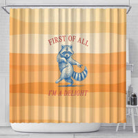 First Of All Raccoon Humor Shower Curtain with Vintage Orange Stripes