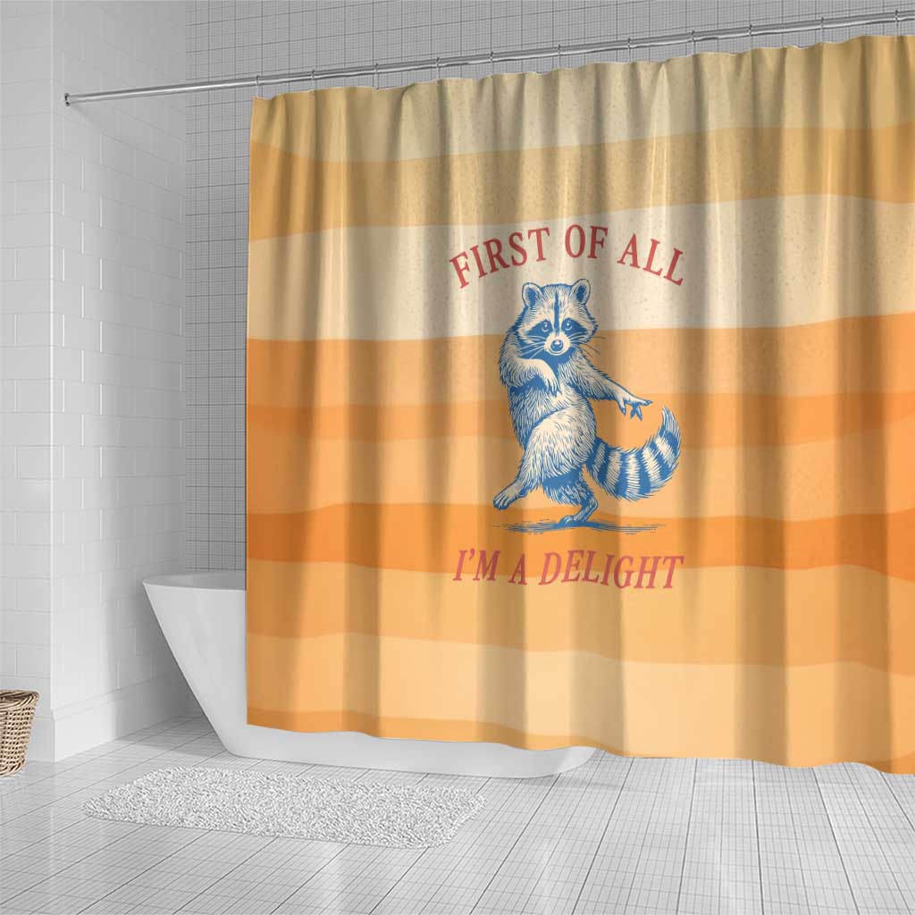 First Of All Raccoon Humor Shower Curtain with Vintage Orange Stripes
