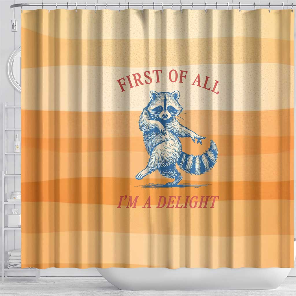 First Of All Raccoon Humor Shower Curtain with Vintage Orange Stripes