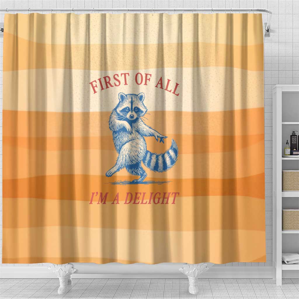 First Of All Raccoon Humor Shower Curtain with Vintage Orange Stripes
