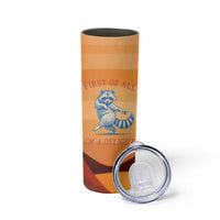 First Of All Raccoon Humor Skinny Tumbler with Vintage Orange Stripes