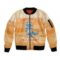 First Of All Raccoon Humor Sleeve Zip Bomber Jacket with Vintage Orange Stripes