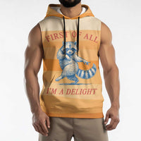 First Of All Raccoon Humor Sleeveless Hoodie with Vintage Orange Stripes