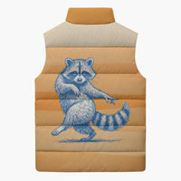 First Of All Raccoon Humor Sleeveless Puffer Jacket with Vintage Orange Stripes