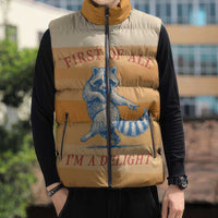 First Of All Raccoon Humor Sleeveless Puffer Jacket with Vintage Orange Stripes