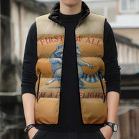 First Of All Raccoon Humor Sleeveless Puffer Jacket with Vintage Orange Stripes