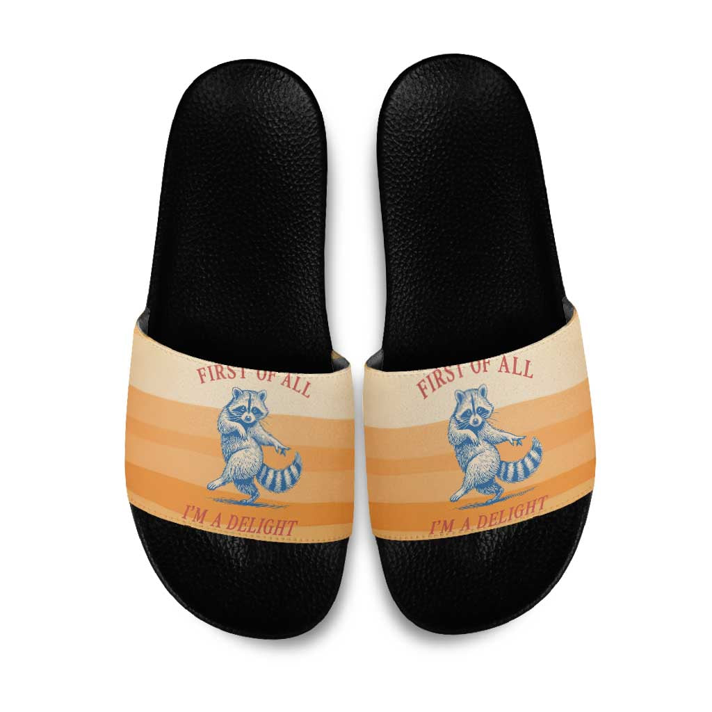 First Of All Raccoon Humor Slide Sandals with Vintage Orange Stripes