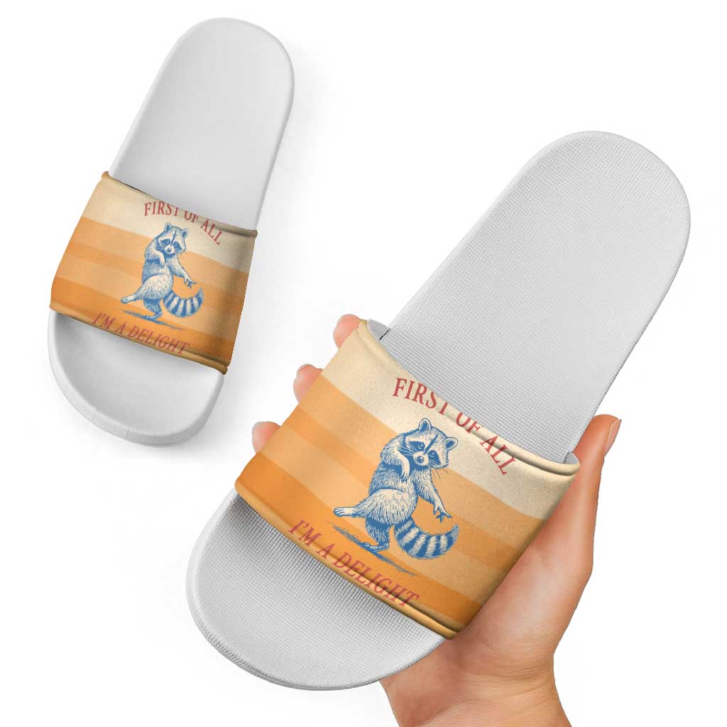 First Of All Raccoon Humor Slide Sandals with Vintage Orange Stripes