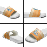 First Of All Raccoon Humor Slide Sandals with Vintage Orange Stripes
