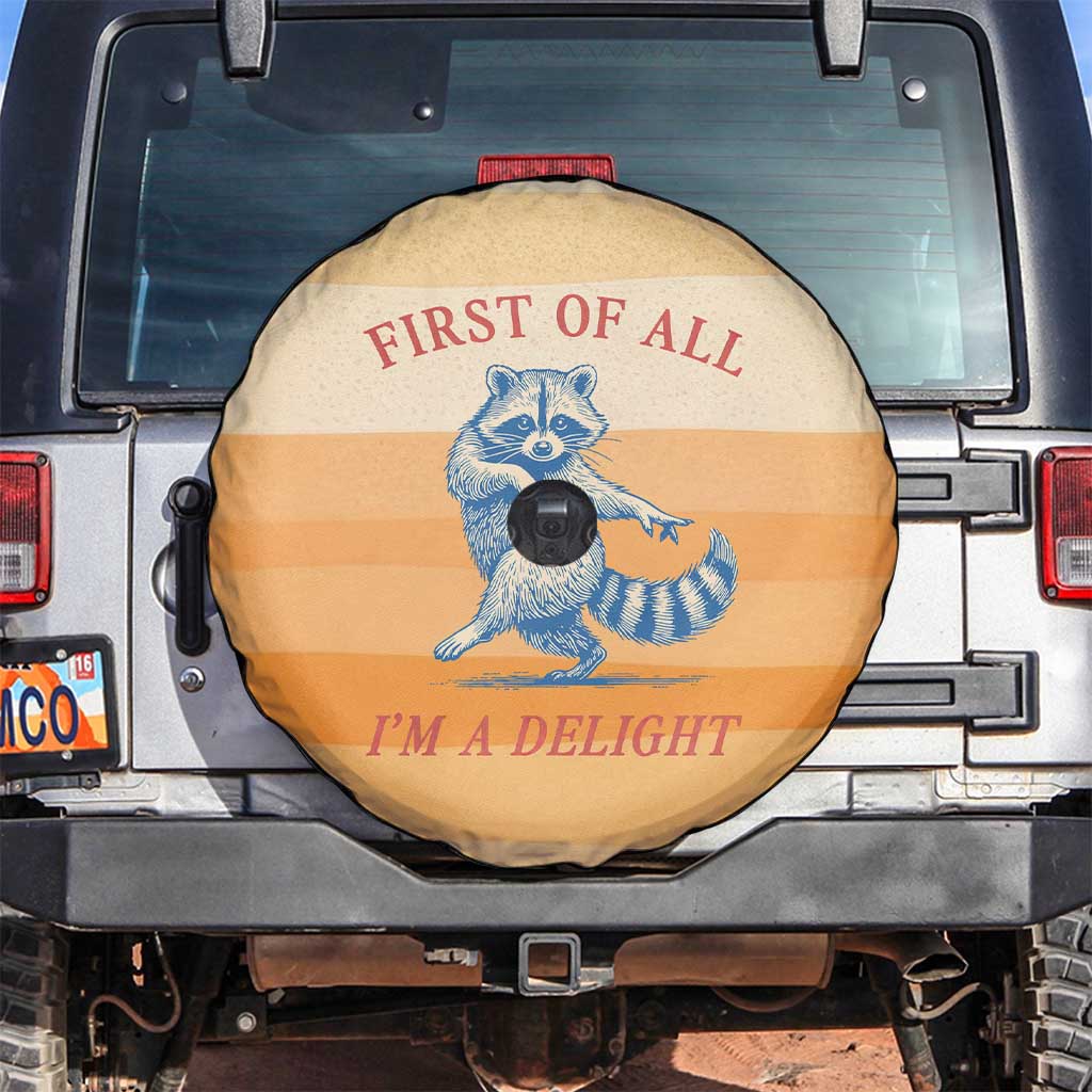 First Of All Raccoon Humor Spare Tire Cover with Vintage Orange Stripes