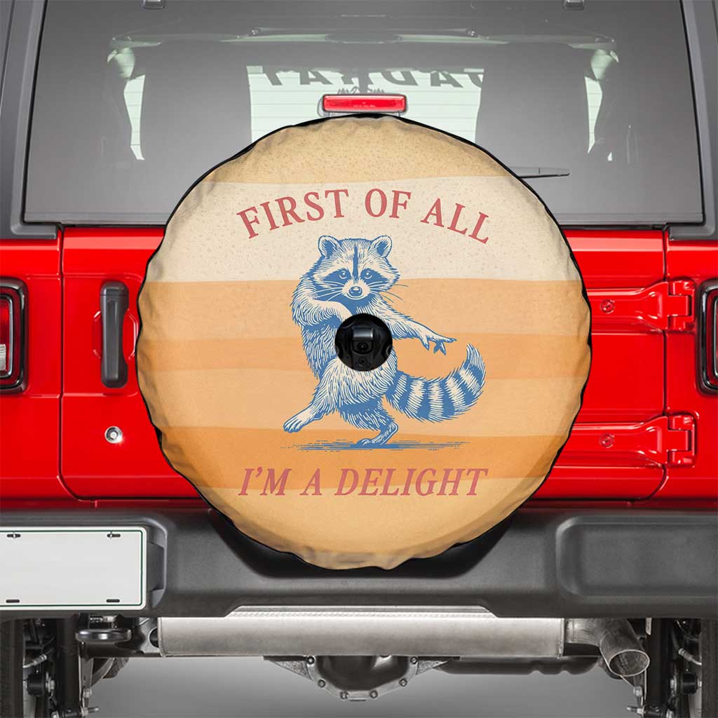First Of All Raccoon Humor Spare Tire Cover with Vintage Orange Stripes
