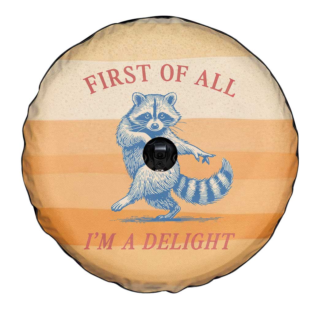 First Of All Raccoon Humor Spare Tire Cover with Vintage Orange Stripes