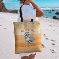 First Of All Raccoon Humor Tote Bag with Vintage Orange Stripes