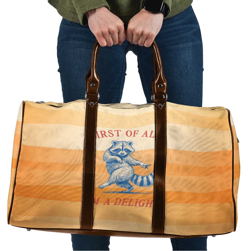 First Of All Raccoon Humor Travel Bag with Vintage Orange Stripes