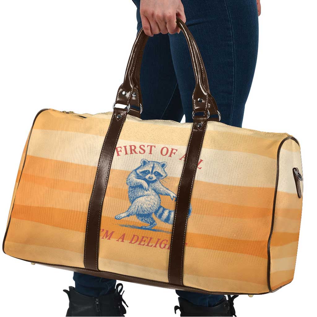First Of All Raccoon Humor Travel Bag with Vintage Orange Stripes