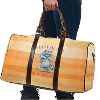 First Of All Raccoon Humor Travel Bag with Vintage Orange Stripes