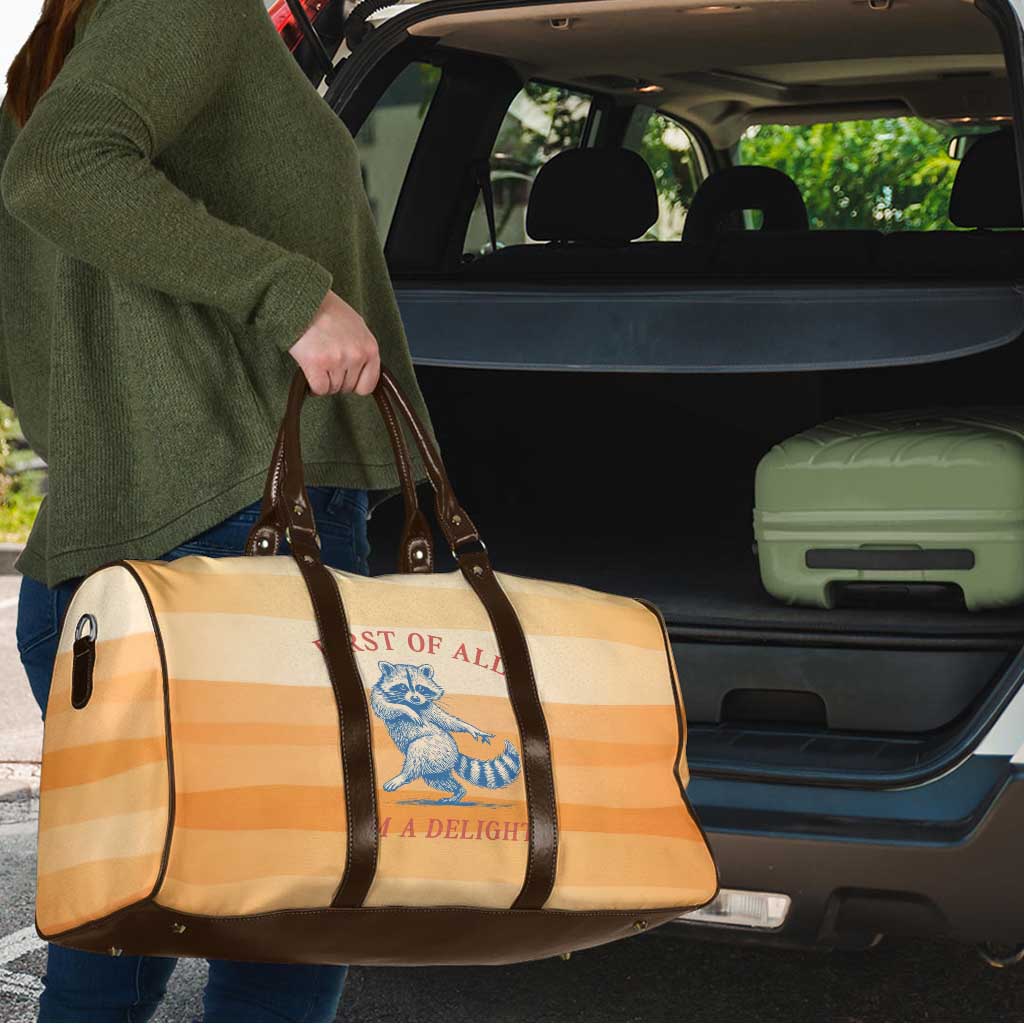 First Of All Raccoon Humor Travel Bag with Vintage Orange Stripes