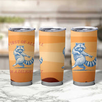 First Of All Raccoon Humor Tumbler Cup with Vintage Orange Stripes