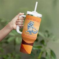 First Of All Raccoon Humor Tumbler With Handle with Vintage Orange Stripes