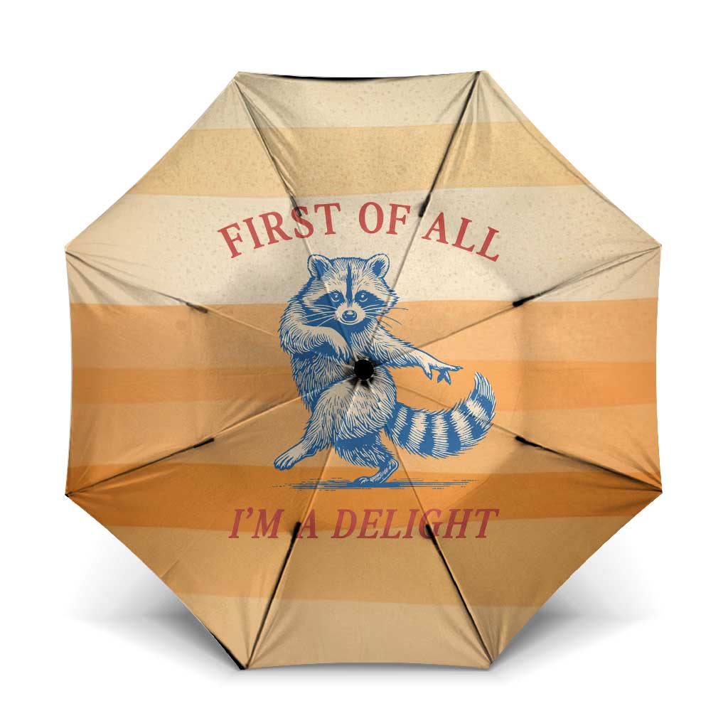 First Of All Raccoon Humor Umbrella with Vintage Orange Stripes