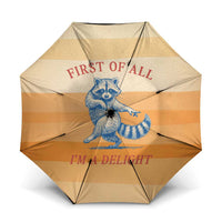 First Of All Raccoon Humor Umbrella with Vintage Orange Stripes