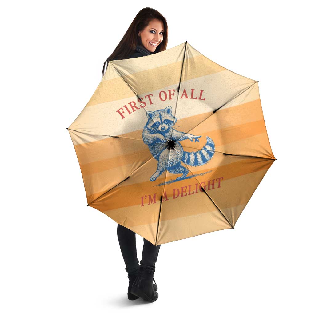First Of All Raccoon Humor Umbrella with Vintage Orange Stripes