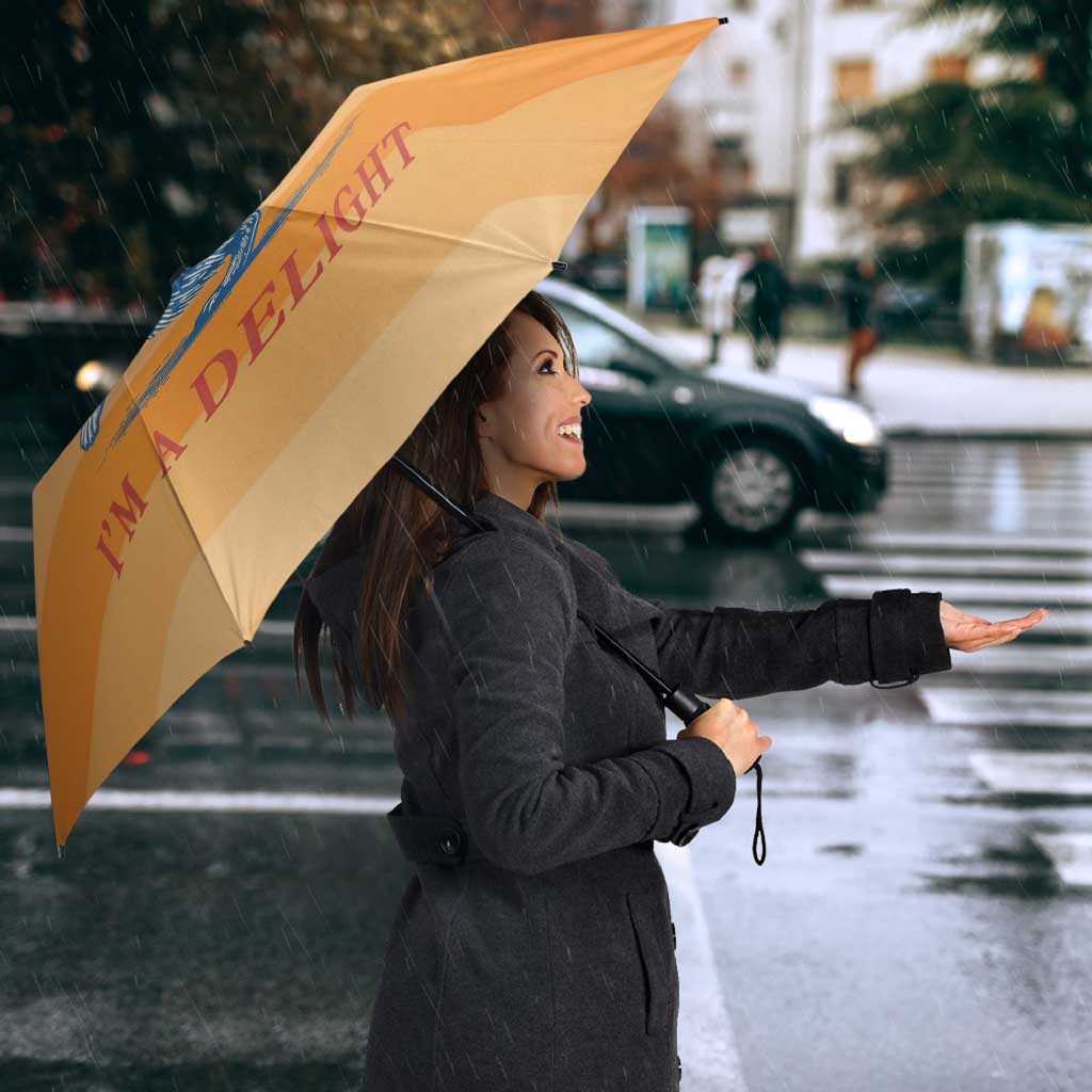 First Of All Raccoon Humor Umbrella with Vintage Orange Stripes