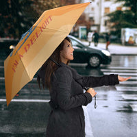 First Of All Raccoon Humor Umbrella with Vintage Orange Stripes