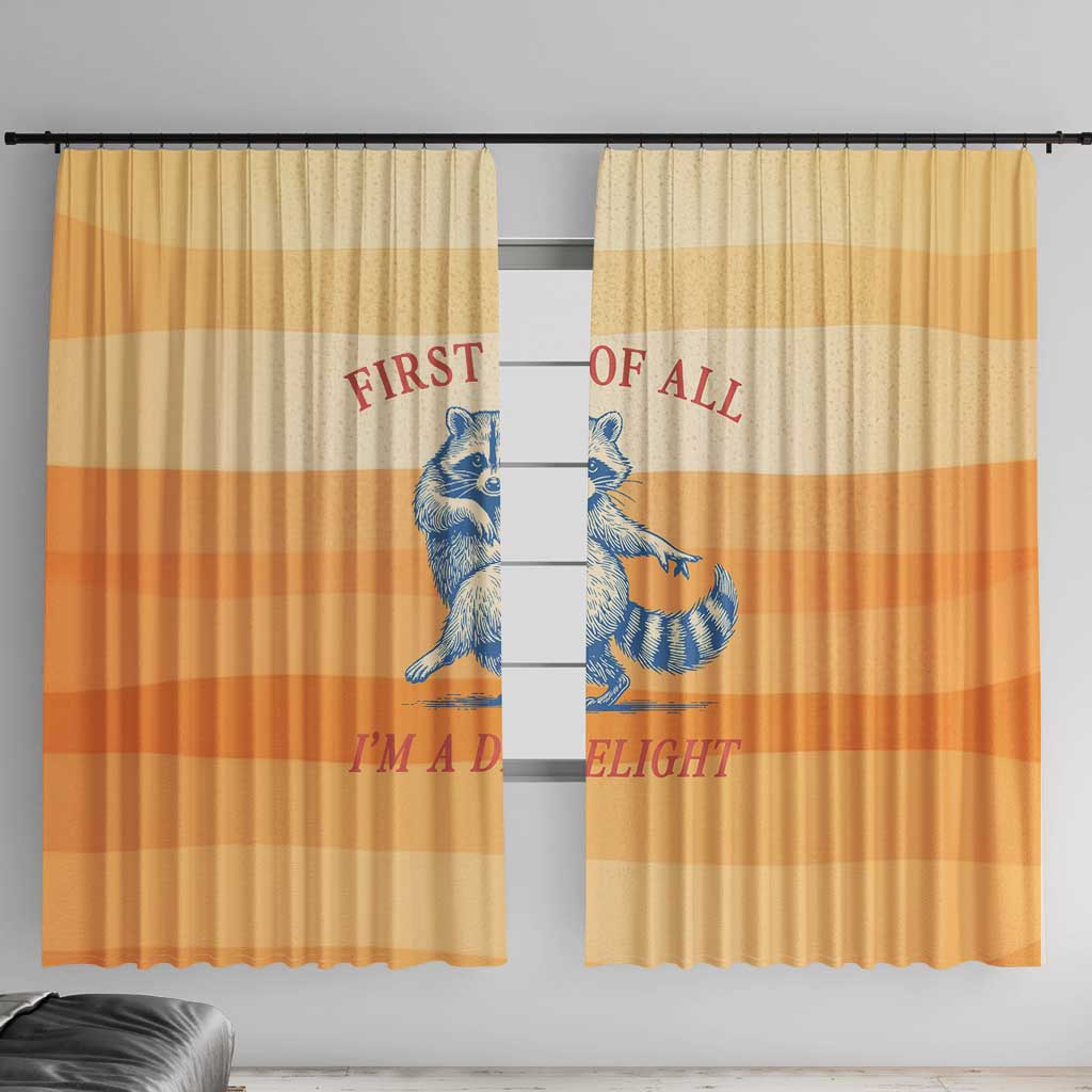 First Of All Raccoon Humor Window Curtain with Vintage Orange Stripes