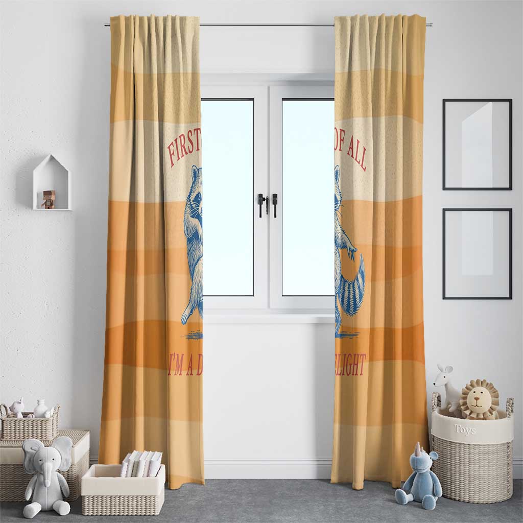 First Of All Raccoon Humor Window Curtain with Vintage Orange Stripes