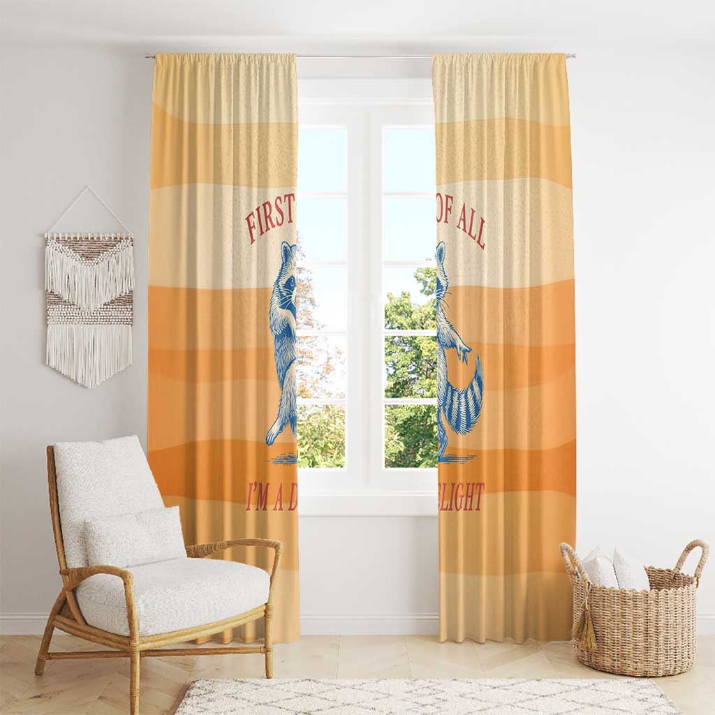 First Of All Raccoon Humor Window Curtain with Vintage Orange Stripes