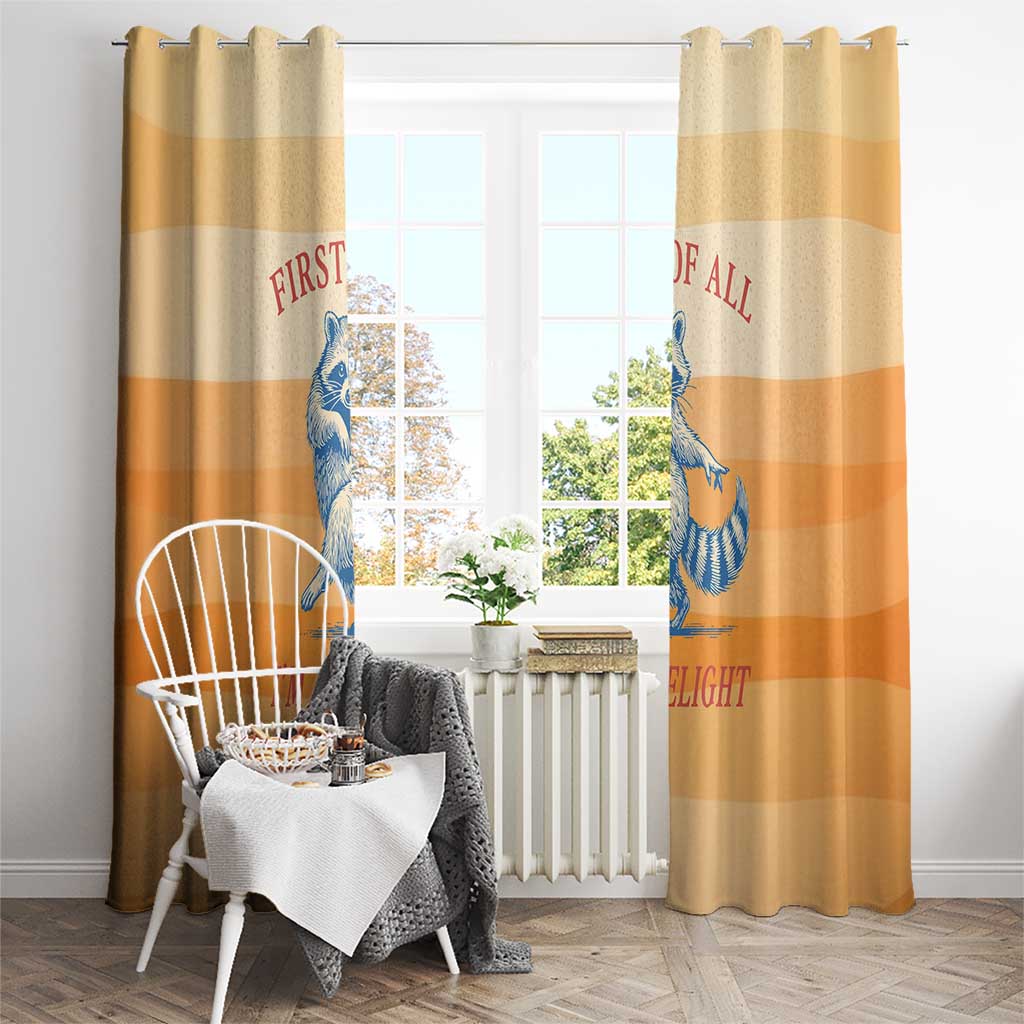 First Of All Raccoon Humor Window Curtain with Vintage Orange Stripes