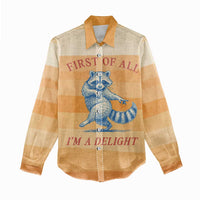 First Of All Raccoon Humor Women Casual Shirt with Vintage Orange Stripes