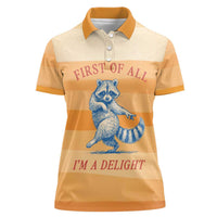 First Of All Raccoon Humor Women Polo Shirt with Vintage Orange Stripes