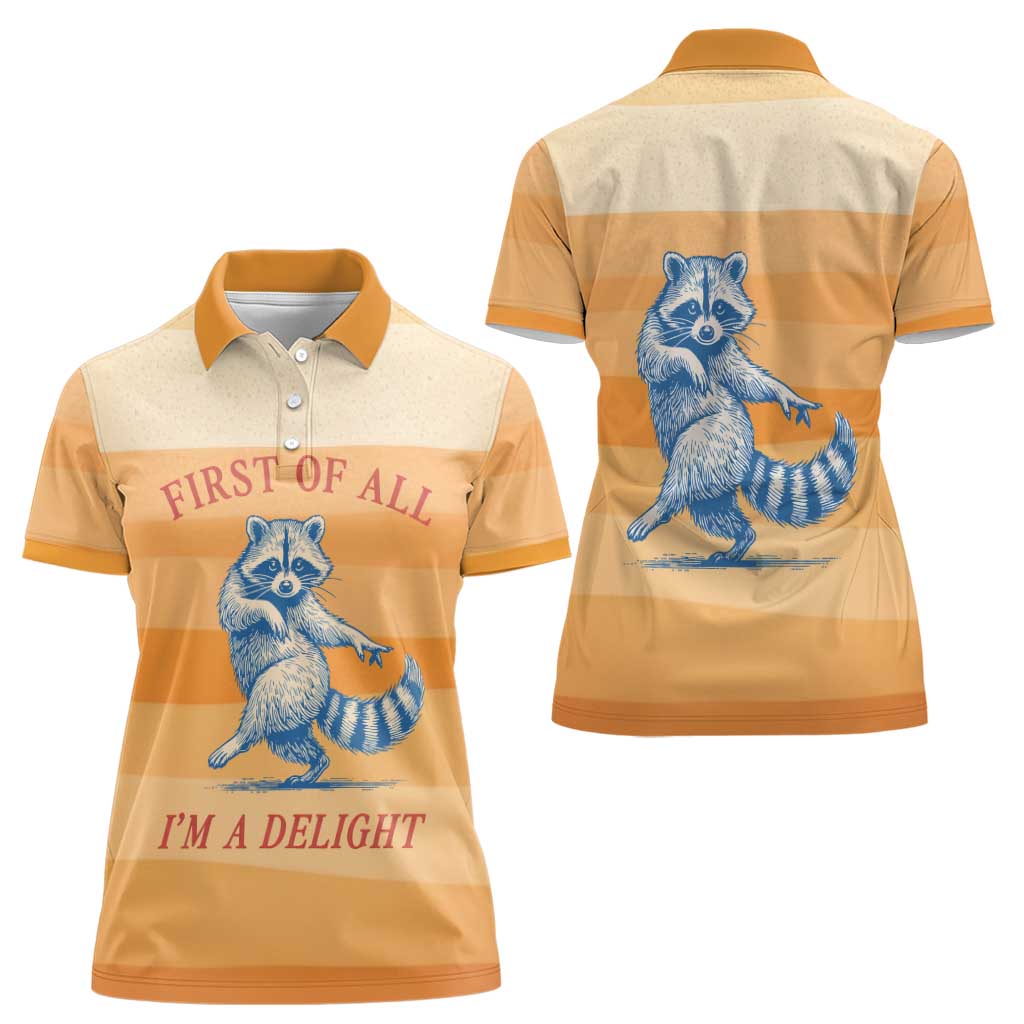 First Of All Raccoon Humor Women Polo Shirt with Vintage Orange Stripes
