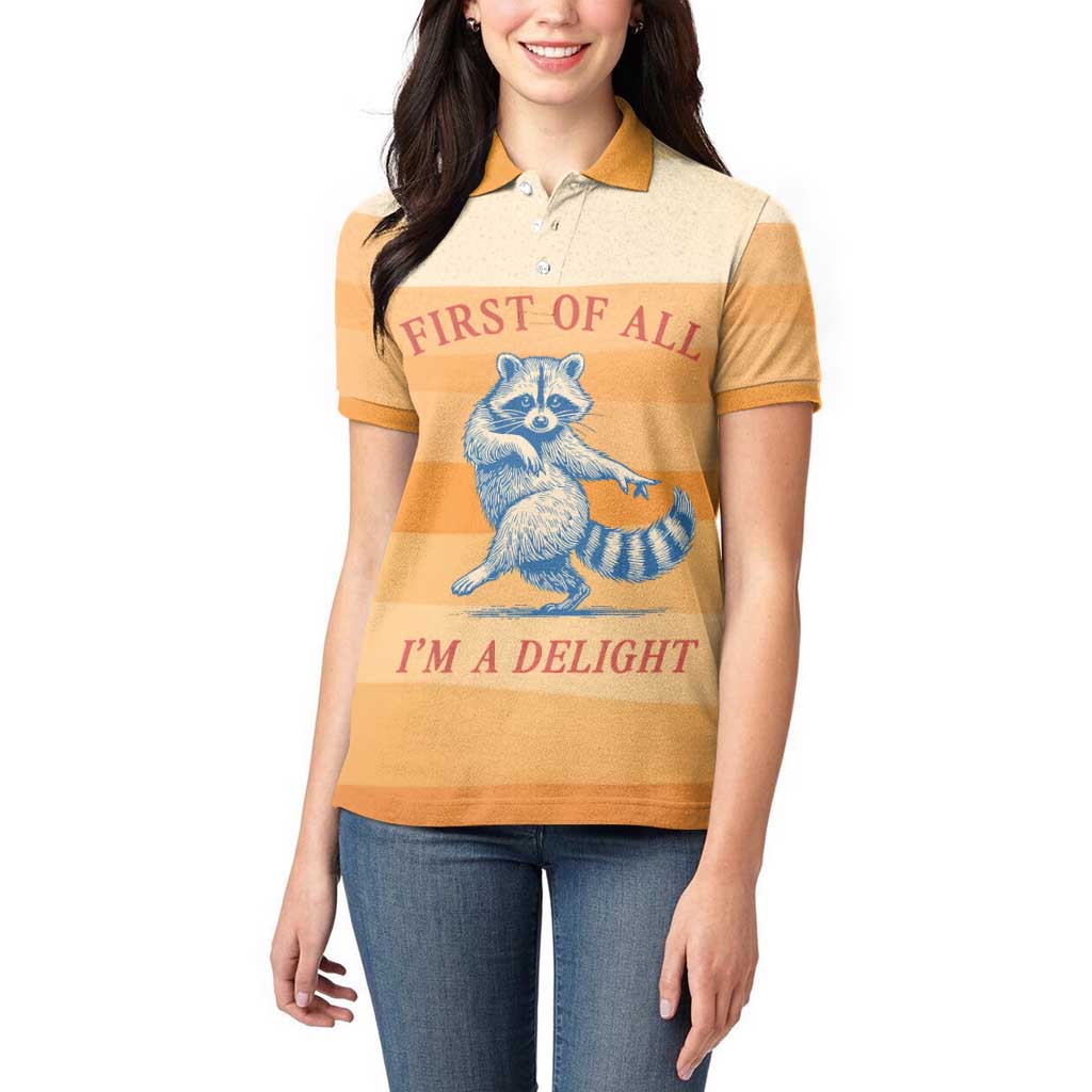 First Of All Raccoon Humor Women Polo Shirt with Vintage Orange Stripes