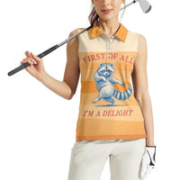 First Of All Raccoon Humor Women Sleeveless Polo Shirt with Vintage Orange Stripes