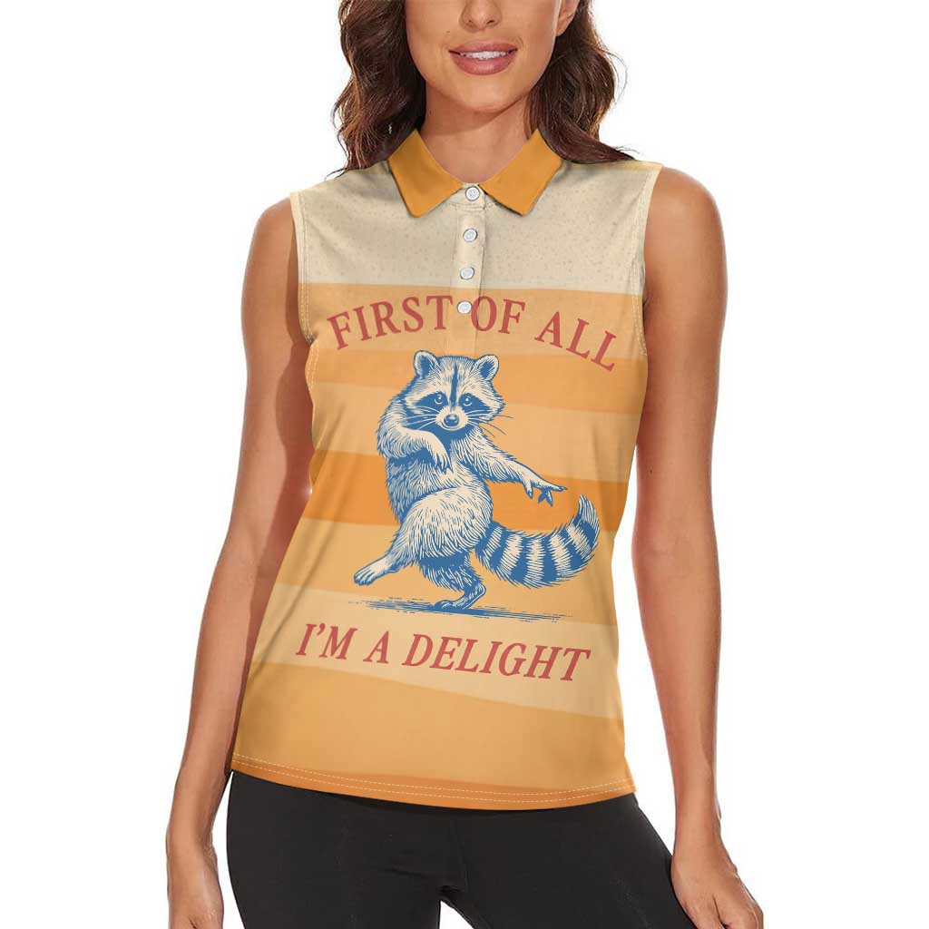 First Of All Raccoon Humor Women Sleeveless Polo Shirt with Vintage Orange Stripes