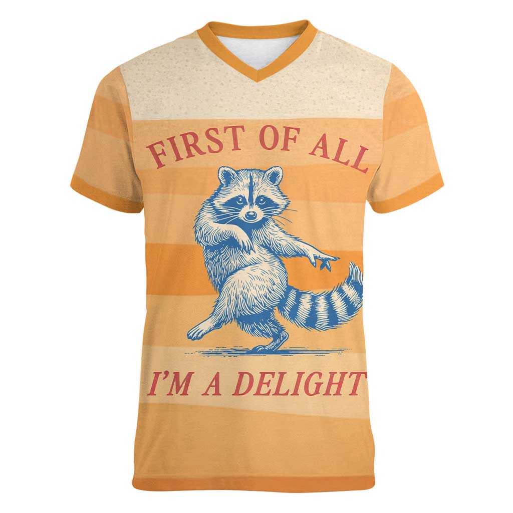 First Of All Raccoon Humor Women V-Neck T-Shirt with Vintage Orange Stripes