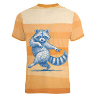 First Of All Raccoon Humor Women V-Neck T-Shirt with Vintage Orange Stripes