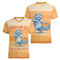 First Of All Raccoon Humor Women V-Neck T-Shirt with Vintage Orange Stripes