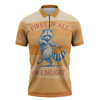 First Of All Raccoon Humor Zipper Polo Shirt with Vintage Orange Stripes