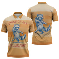 First Of All Raccoon Humor Zipper Polo Shirt with Vintage Orange Stripes