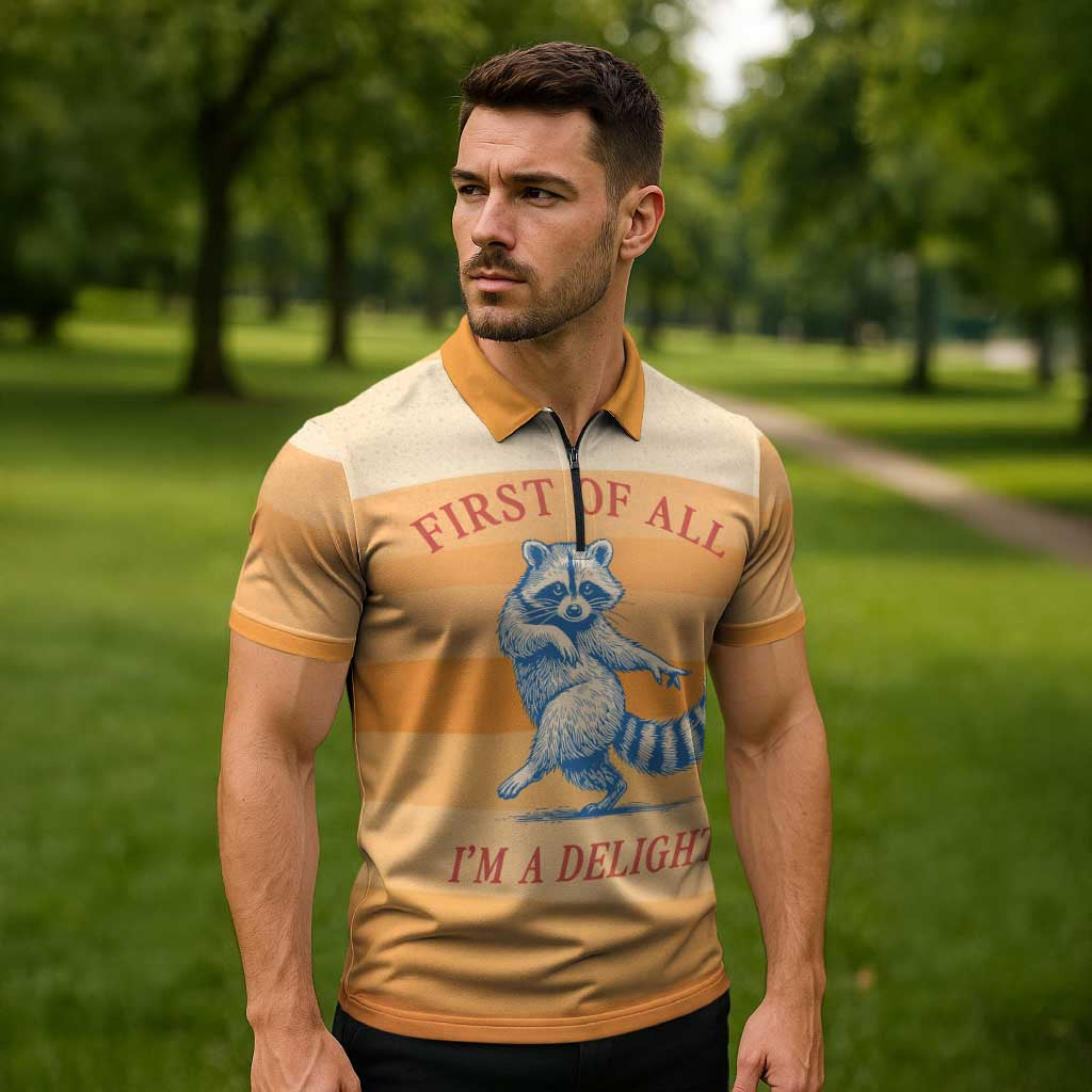 First Of All Raccoon Humor Zipper Polo Shirt with Vintage Orange Stripes