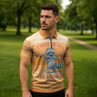 First Of All Raccoon Humor Zipper Polo Shirt with Vintage Orange Stripes
