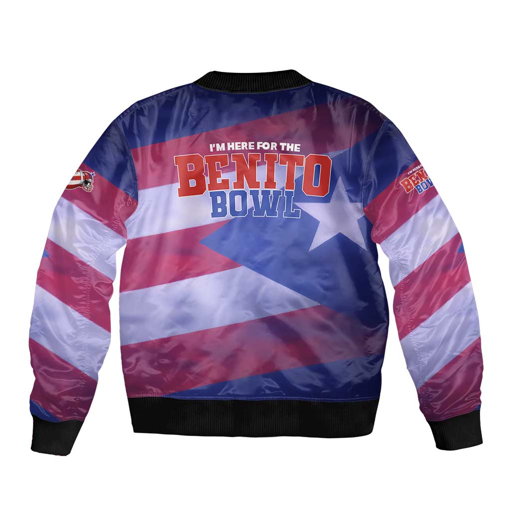 Benito Bowl Fan Gear Bomber Jacket with Puerto Rican Flag Football Graphic