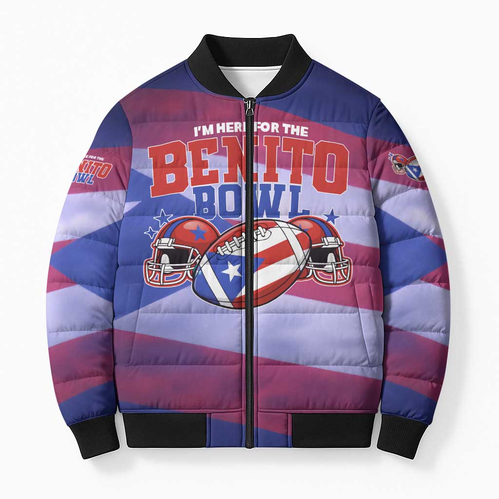 Benito Bowl Fan Gear Bomber Puffer Jacket with Puerto Rican Flag Football Graphic