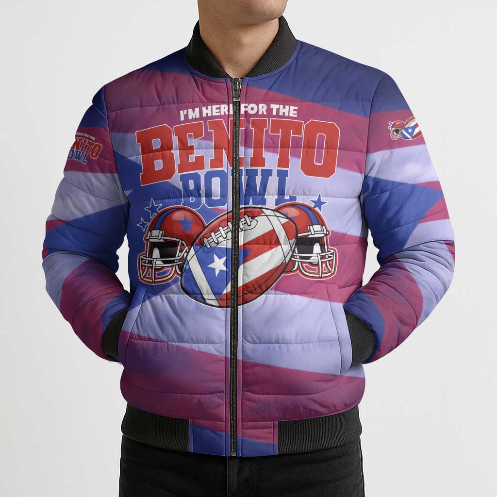 Benito Bowl Fan Gear Bomber Puffer Jacket with Puerto Rican Flag Football Graphic