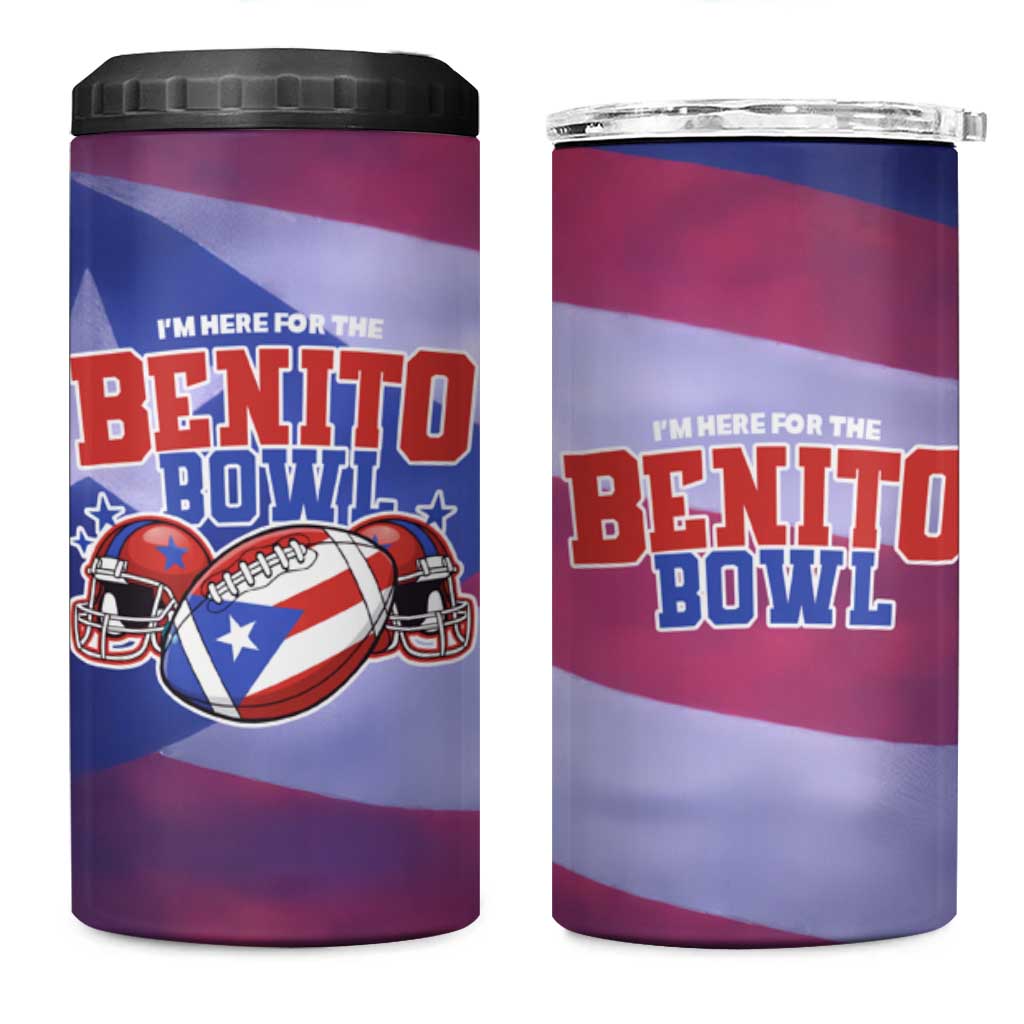 Benito Bowl Fan Gear 4 in 1 Can Cooler Tumbler with Puerto Rican Flag Football Graphic