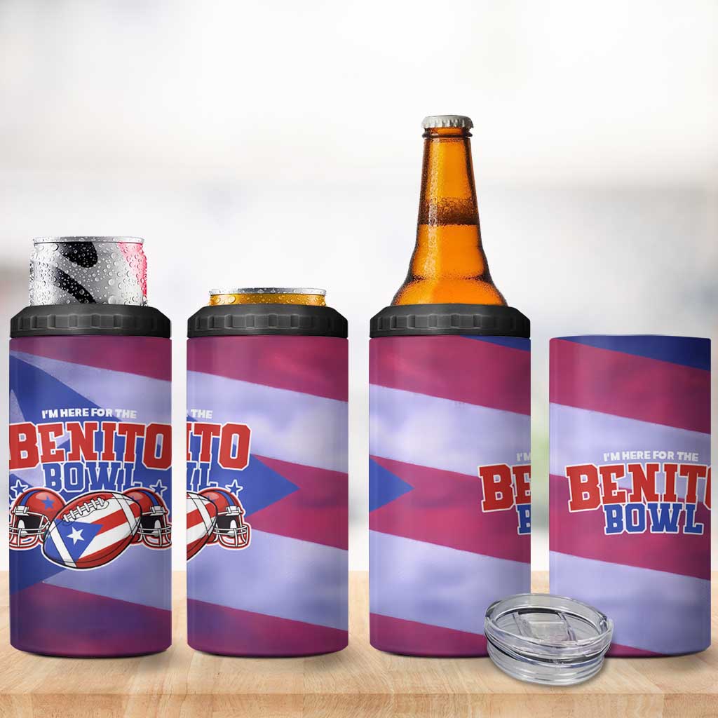 Benito Bowl Fan Gear 4 in 1 Can Cooler Tumbler with Puerto Rican Flag Football Graphic